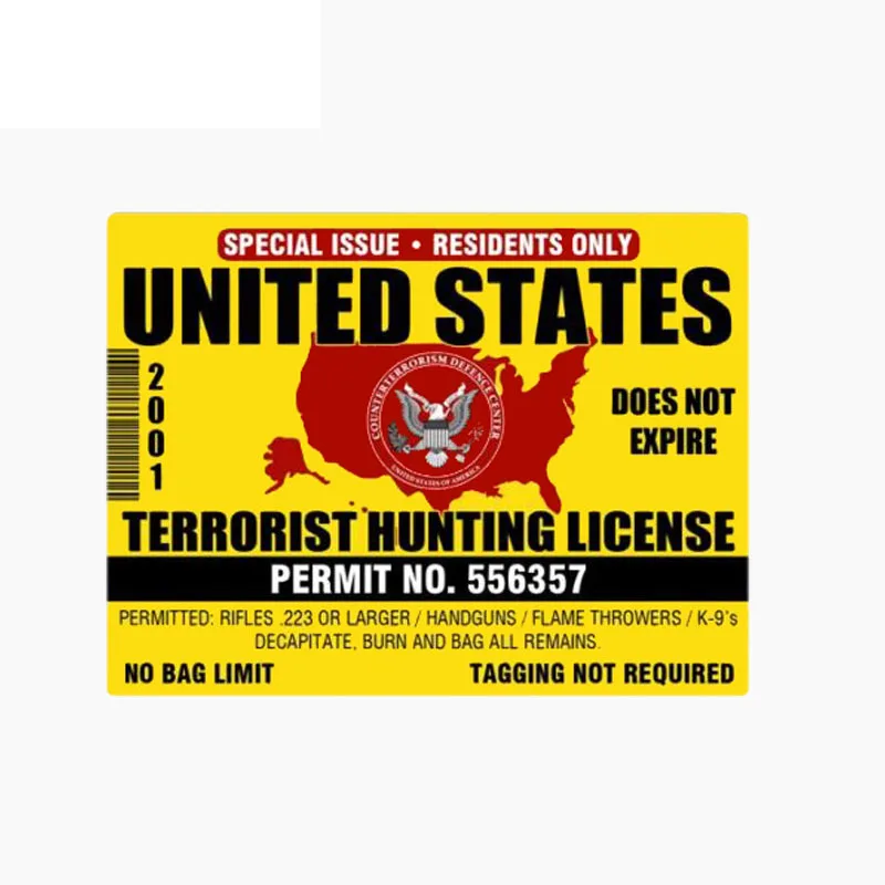 

Hot Funny USA Terrorist Hunting License Car Sticker Decorative Motorcycle Cover Scratches Waterproof PVC 16cm*12cm