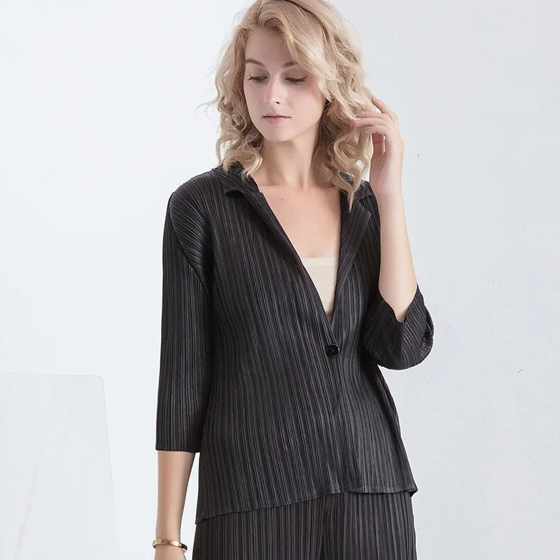 

Женская короткая куртка на пуговицах, Повседневная стрейчевая куртка миаке с отложным воротником и рукавом 2022, весна-лето 3/4