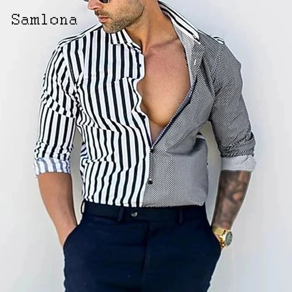 

Рубашка Samlona мужская с длинным рукавом, Элегантная модная блузка в полоску, в стиле пэчворк, одежда
