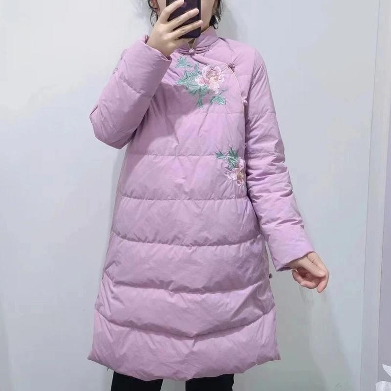 

Пуховик средней длины с вышивкой, Женский пуловер в этническом стиле ретро с диагональными рукавами, новинка зимы 2021, женская одежда