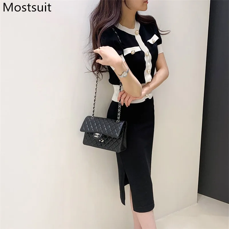 

Женский комплект из двух предметов, винтажный комплект из трикотажного кардигана с коротким рукавом и юбки с разрезом в Корейском стиле, Эл...