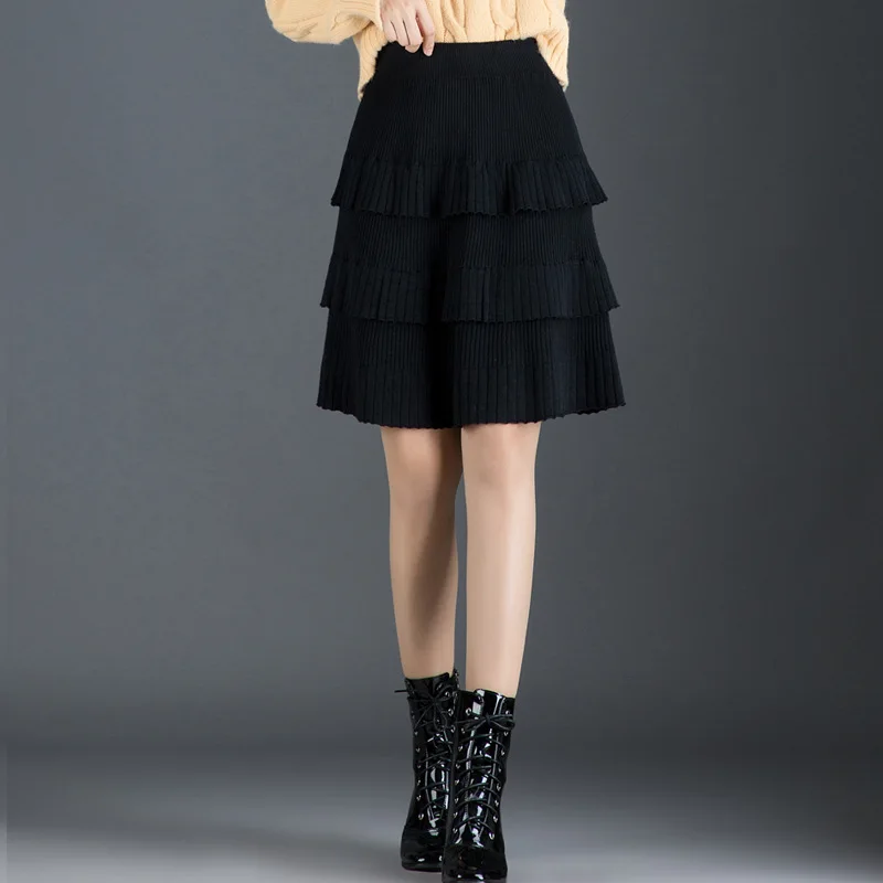 

2020 Autumn & Winter New High Waist Stretch Thinner Simple Solid Plus Size Cake Skirt Women Knitted A-line Skirt Free Shipping