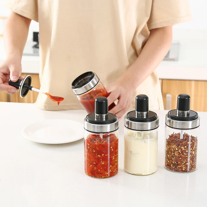Новинка прозрачные стеклянные банки для специй бутылка приправ с ложкой шейкеры
