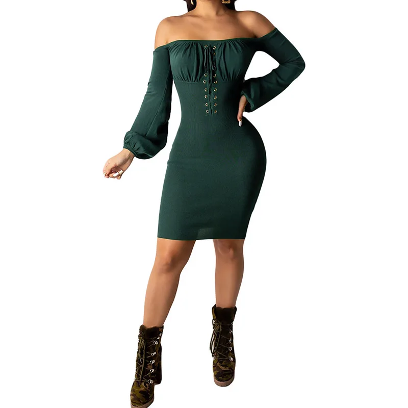 Сексуальное облегающее платье с открытыми плечами и длинным рукавом Осень-зима