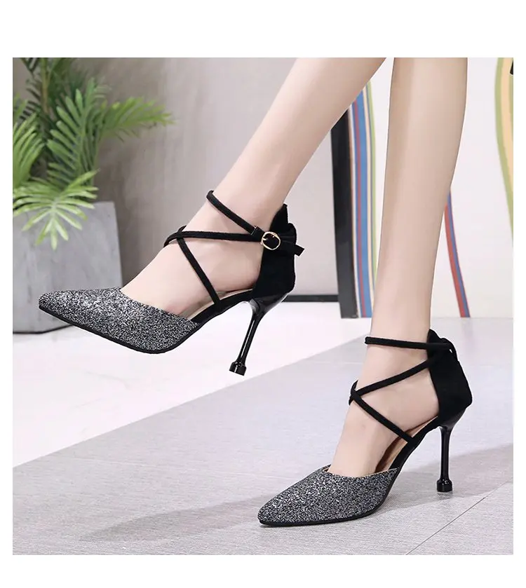 

New Shiny Sequin Pointed Toe High Heels Thin Heel Middle Hollow Female Singles Fashion Cross Band Womens Sandals Sexy Pumps