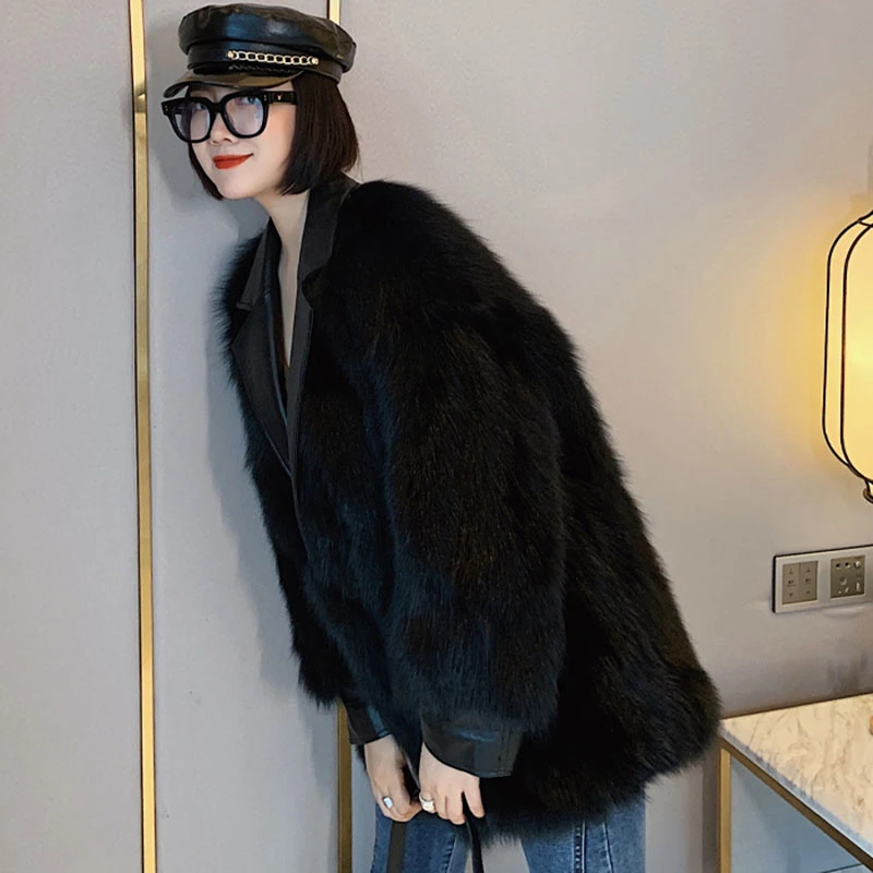 

Unua amo 2021 Imitation Fox Fur Coat Female Korean Style Fashion High Qualit Faux Leather Fur Winter Furry Jacket Women YY092A