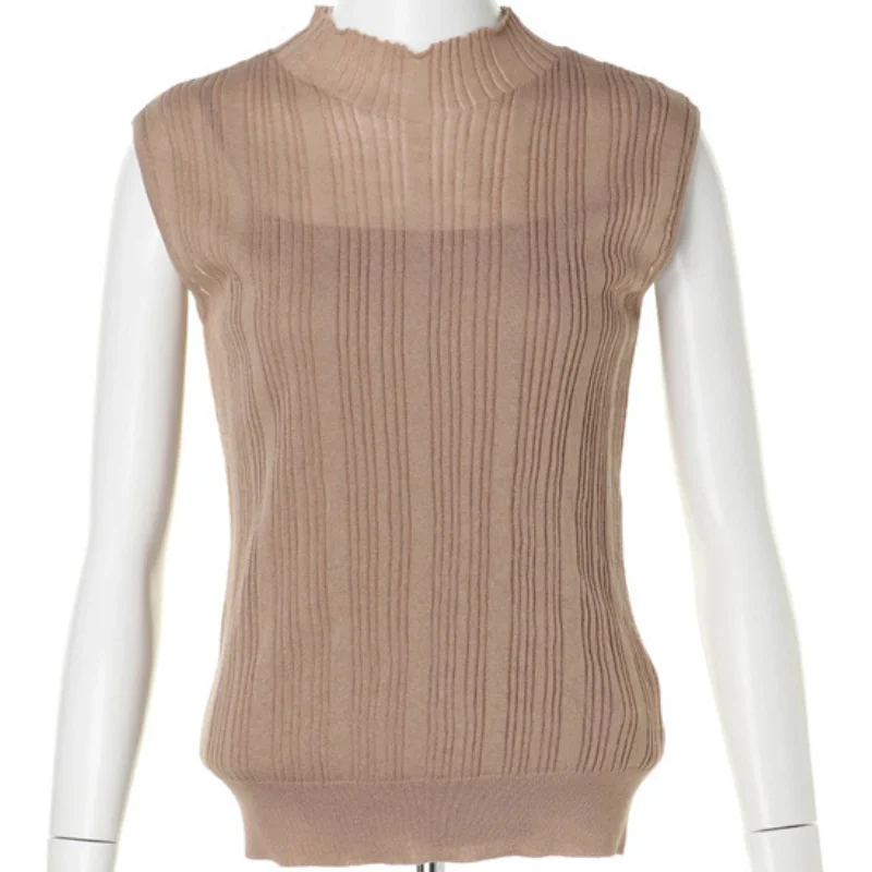 

2021 Temperament Slim Knitted Pullover Woman Summer New Sleeveless Knit T-shirt Elegant All Match Solid Knitting Tops Women