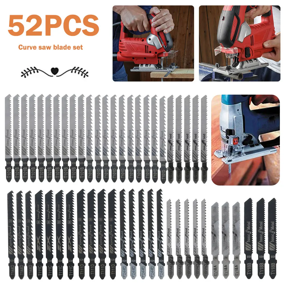 

52Pcs Saw Blades T-Shank Jig Saw Blades Set Universal Jig Saw Blade Assortment HCS/HSS 10 Types Assorted Blades Set