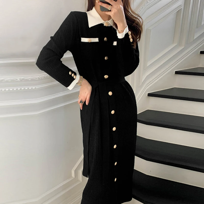 

WSYORE Korea Elegant Slim Long Knitted Dress Women Spring and Autumn Casual Retro Single-breasted Sweater Dress Female NS2791