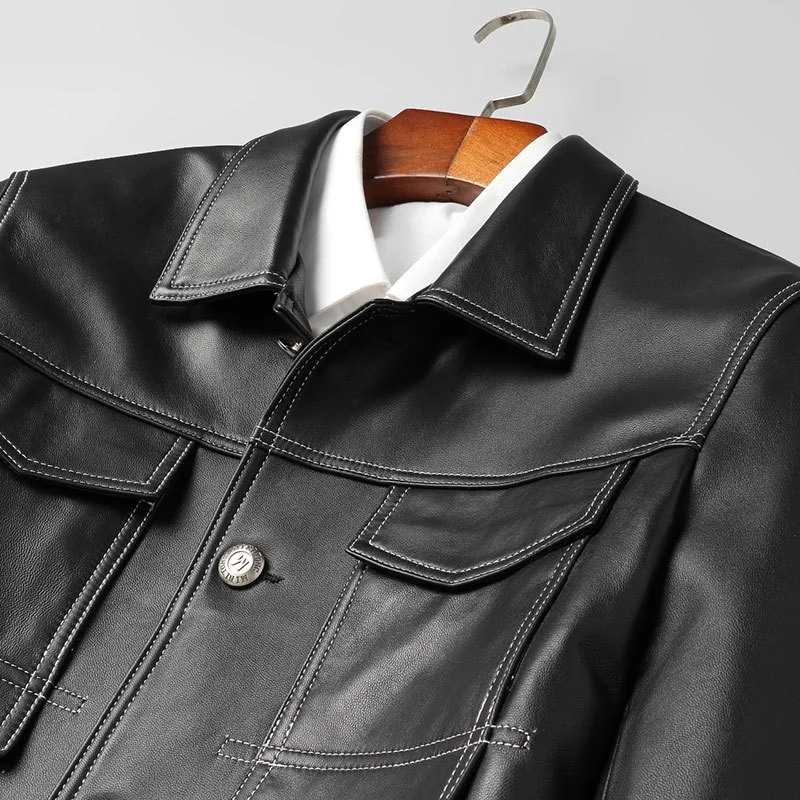 Куртка мужская приталенная из натуральной овечьей кожи модный однобортный