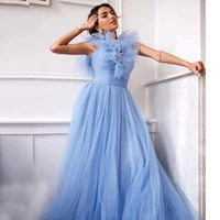 2021 new tulle sky blue long prom dresses high neck ruffle arabic dubai evening gown princess party wear vestido de fiesta