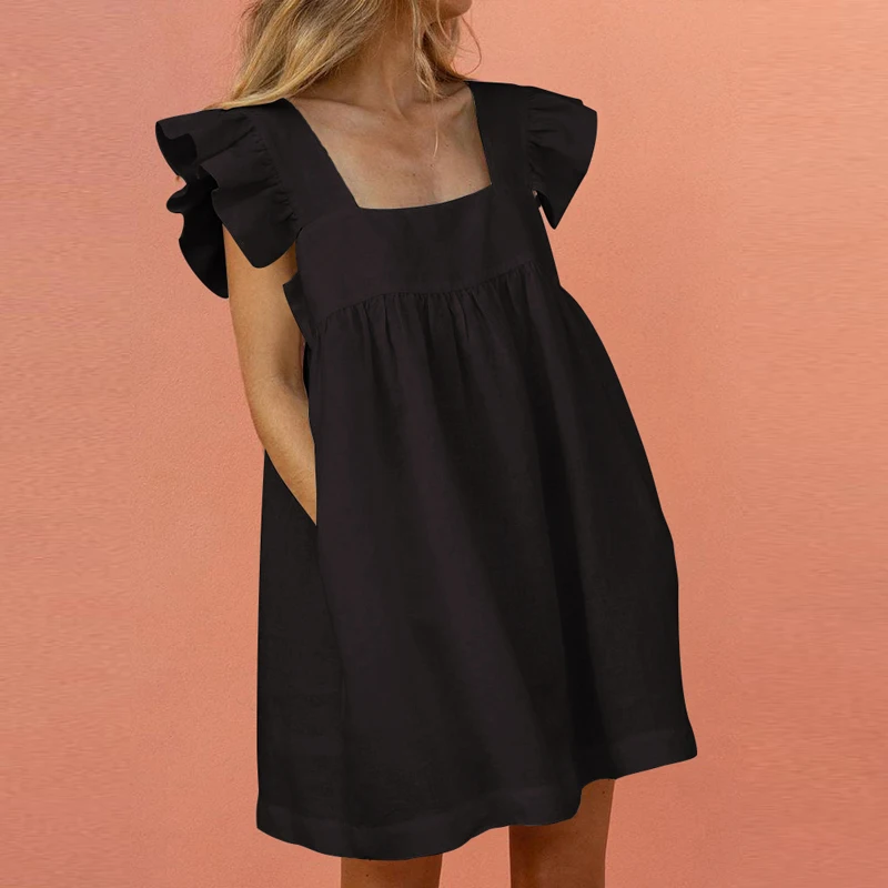 

Sweet Square Collar Mini Dress Women Summer Butterfly Sleeve Ruffles Dress Elegant Solid Color Pocket Loose Beach Dress Vestidos