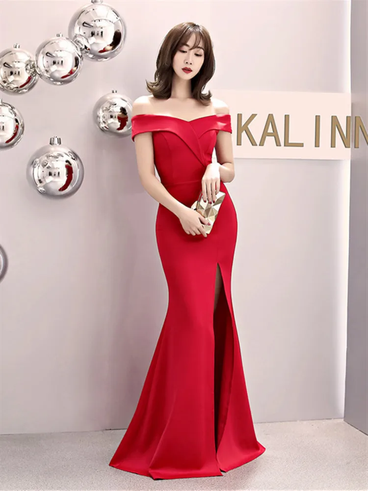 Skyyue Evening Dress Off The Shoulder Women Party Dresses Short Sleeve Robe De Soiree Sexy V-neck Split Formal Gowns C087
