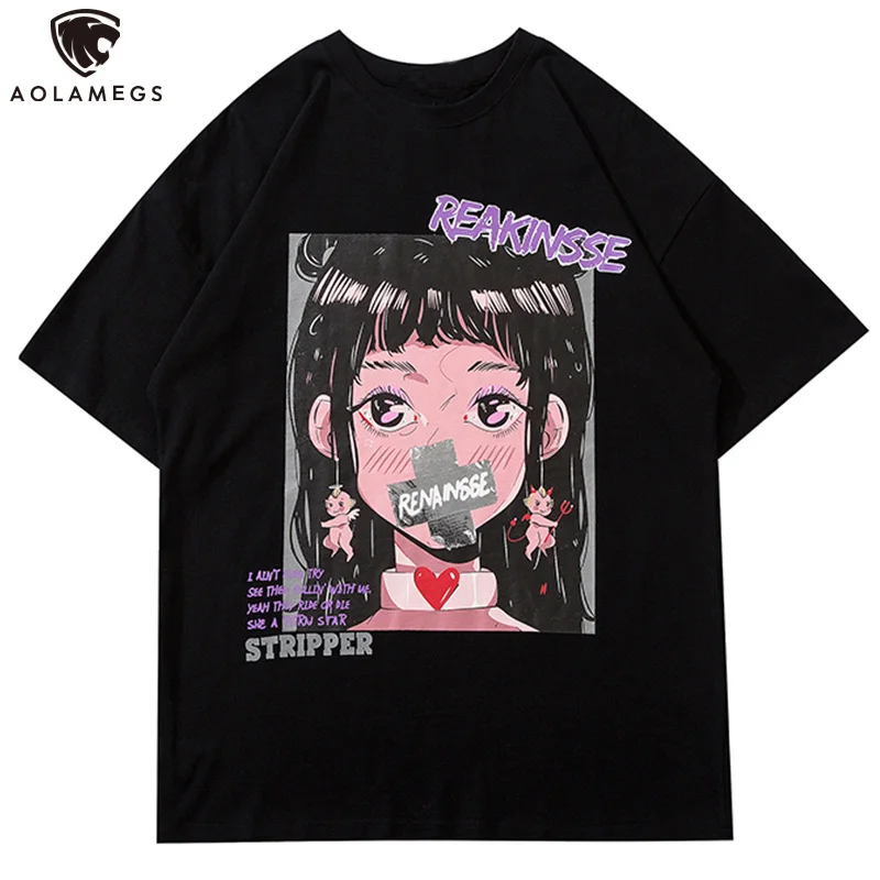 

Aolamegs T-shirt Men Japanese Anime Girl Painting Printed Otaku Tee Shirts Oversized Tops High Street Harajuku Streetwear Summer