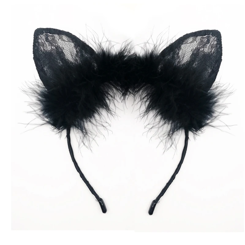 Пикантная обувь из перьев и кружева с кошачьими ушками на капюшоне повязка