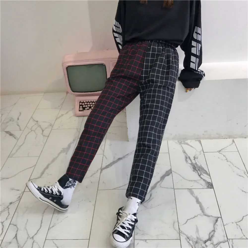 

ZOTTSOZ Casual Pants Harajuku Korean Two Tone Plaid Sweatpants Women Men Fashion Streetwear Vintage High Waist Cropped Trousers