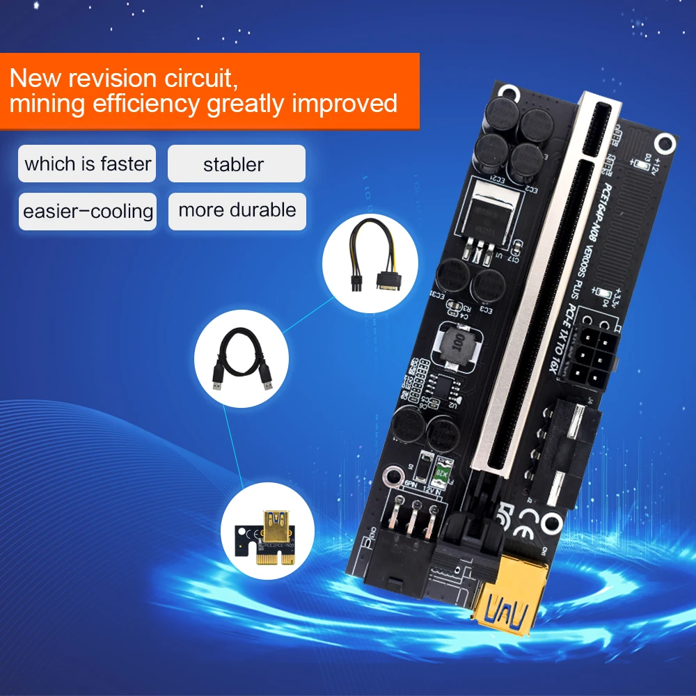 

TISHRIC PCIE Riser 009s VER009s Plus Extension 6Pin PCI Express x16 3 in 1 Video Card Riser USB 3.0 Cable For BTC Mining