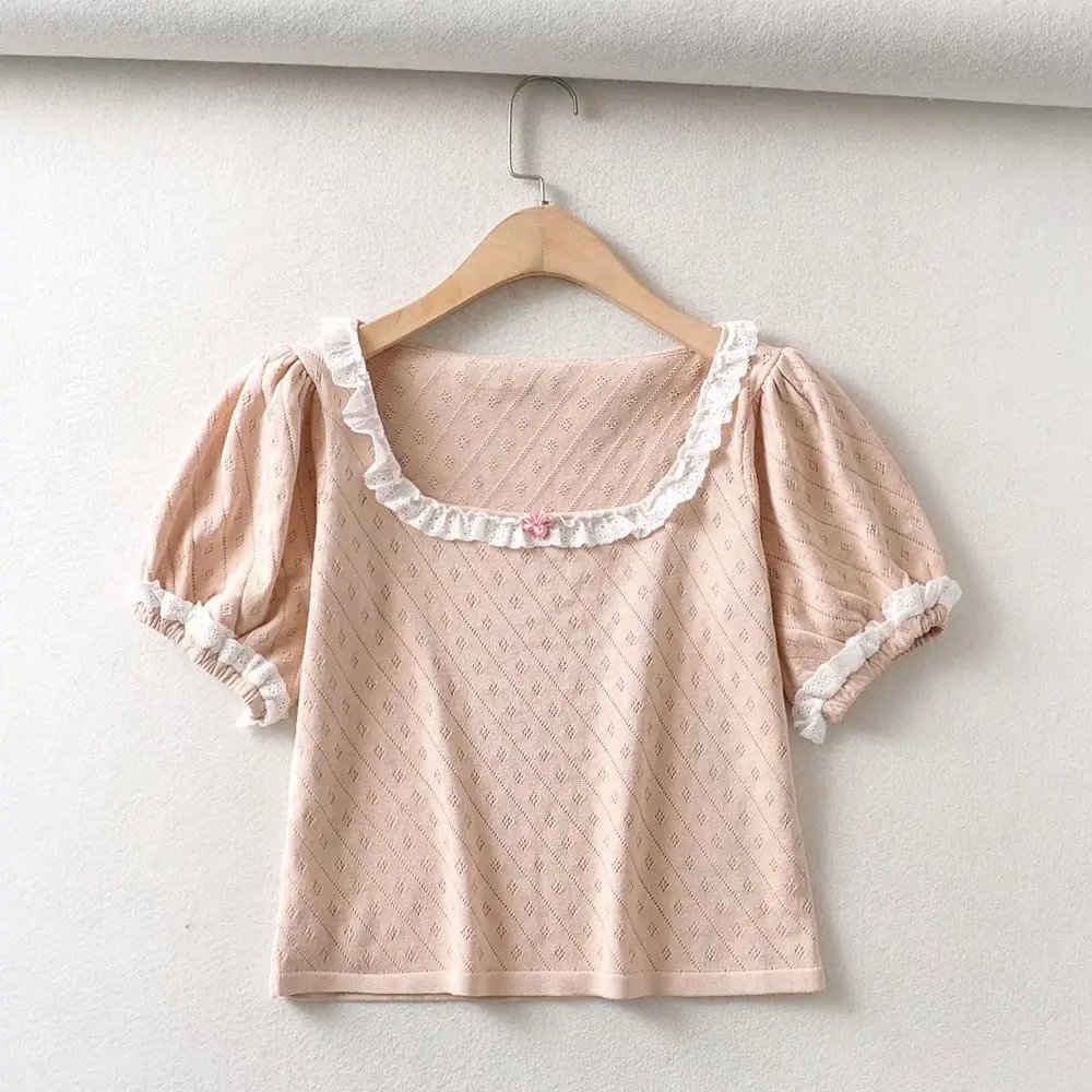 

Lace Hollow-out Square-Cut Collar Pink Thin Sweater Women's Summer 2021 New Short-Sleeved Slim-Fit Viscose Fiber Top