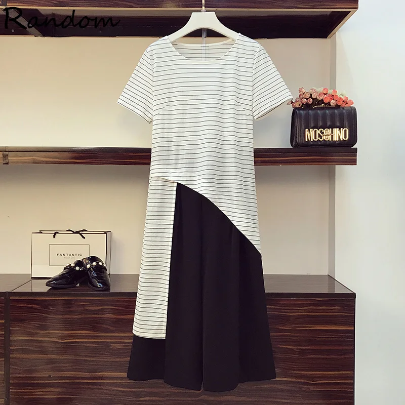 

Plus Size XL-5XL Women's Office Suit Sripe Long T Shirt And Wide Leg B;ack Pant Two Piece Set Summer 2021 Matching Large Clothes