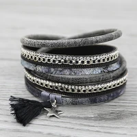 strathspey black leather bracelet for women star pendant bohemia bracelets with tassel multilayer crystal beads bangle jewelry