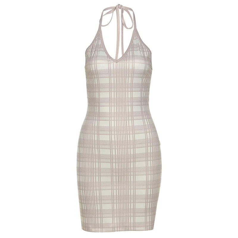 

ArtSu Plaid Halter Dress Summer Women Sexy Green Striped Backless Sundress Vintage V Neck Bandage Bodycon Mini Dress DR52534