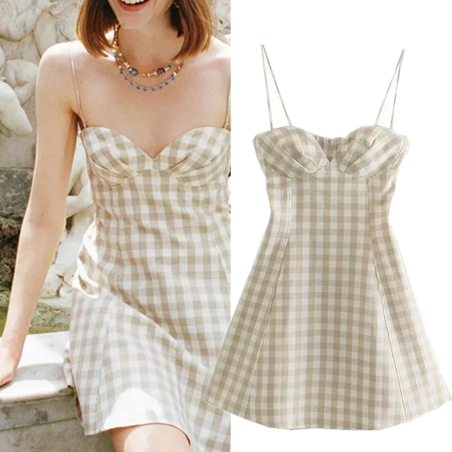 

Withered Summer Dress Women Ins Fashion Blogger Vintage Plaid Spaghetti Strapless Sexy Mini Dress Women Party Dresses Vestidos