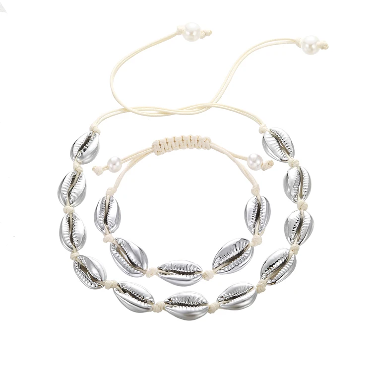 sliver shell Beige 2 шт./компл., натуральная основа браслет Цепочки и ожерелья богемный Регулируемый рычаг ручной вязальная веревка Цепочки и ожерелья, украшения для женщин и девочек для девочки дружба пляжная раковина - Окраска металла: sliver shell Beige
