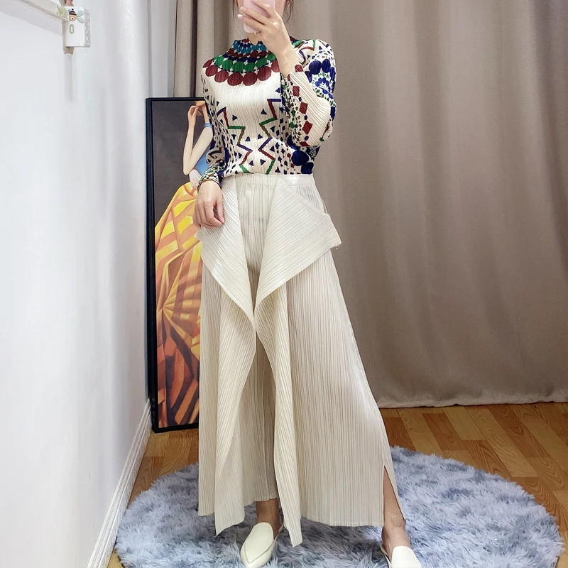 Changpleat spring summer New Women wide legged pants Miyak Pleated Fashion design Solid loose Large Size Elastic waist pants P79