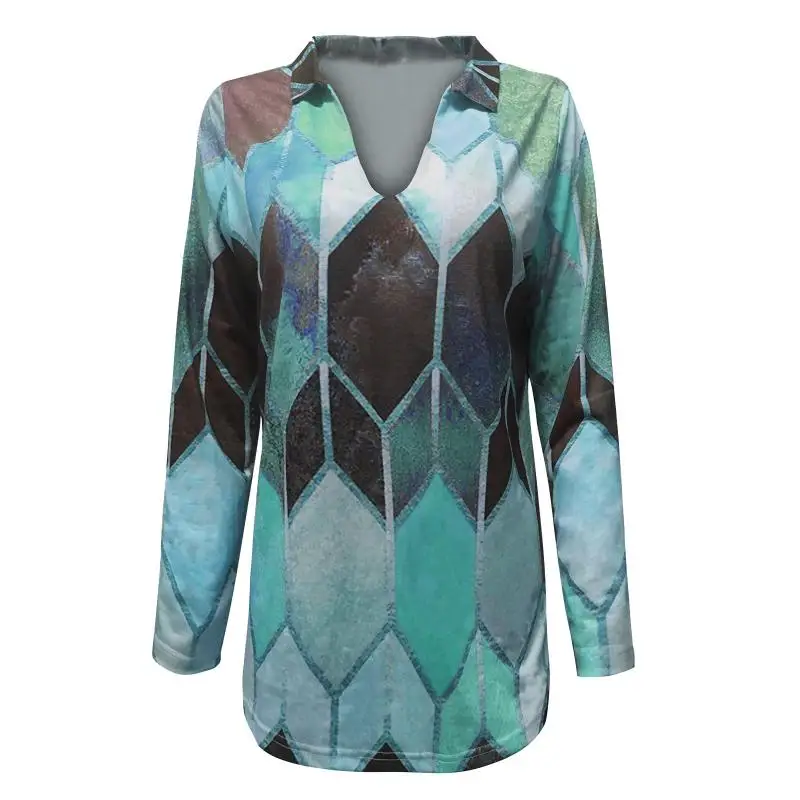 

2021 Women's Shirt Fashion Autumn Retro Loose Deep V-Neck Blouse Patchwork Retro Printing Long-Sleeved Shirt Ladies Blouse