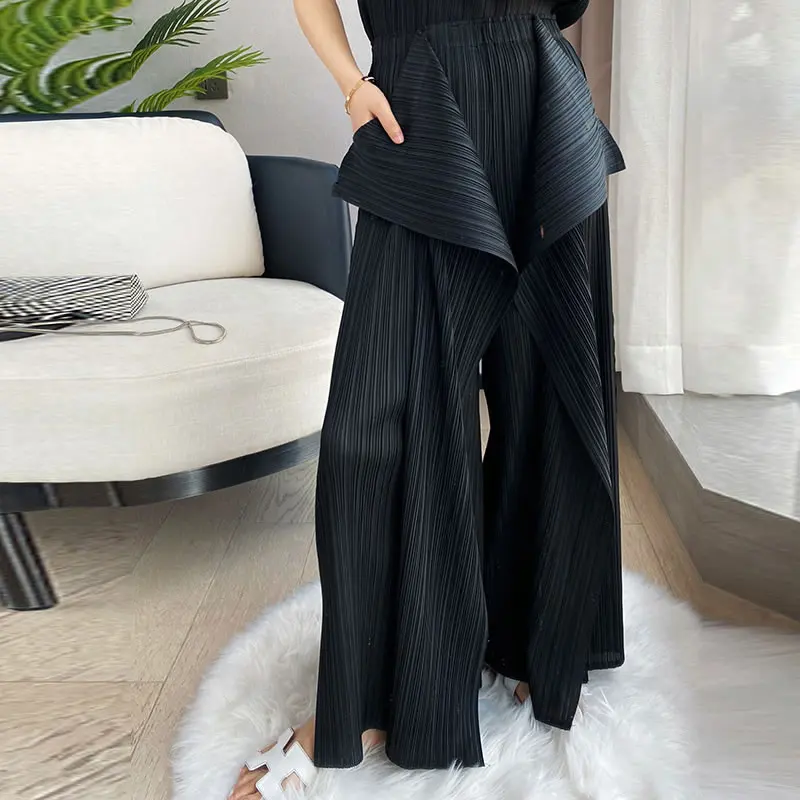 

XITAO Pleated Hollow Out 2 Pieces Set Women Clothes 2021 Summer New Plus Size Elastic Waist Match All Wide Leg Pants GCC4436