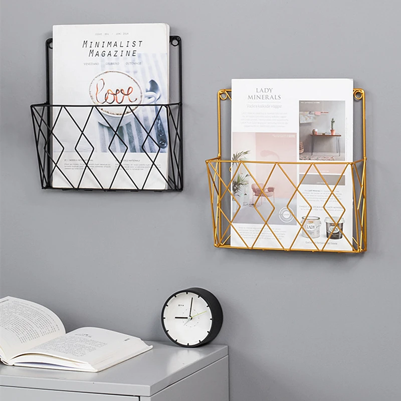 1Pc Modern Wrought Iron Wall Mounted Magazines Storage Shelf Home Bedroom Hanging Book Display Rack