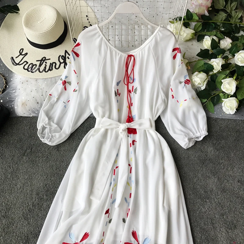 Шифоновое богемное женское платье Новинка лета 2020 вышитое длинное пляжное макси