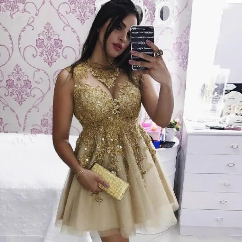 

New Jewel Neck Lace Applique Sleeveless Homecoming Gowns A Line Tulle Short Prom Dresses Cheap Party Dress