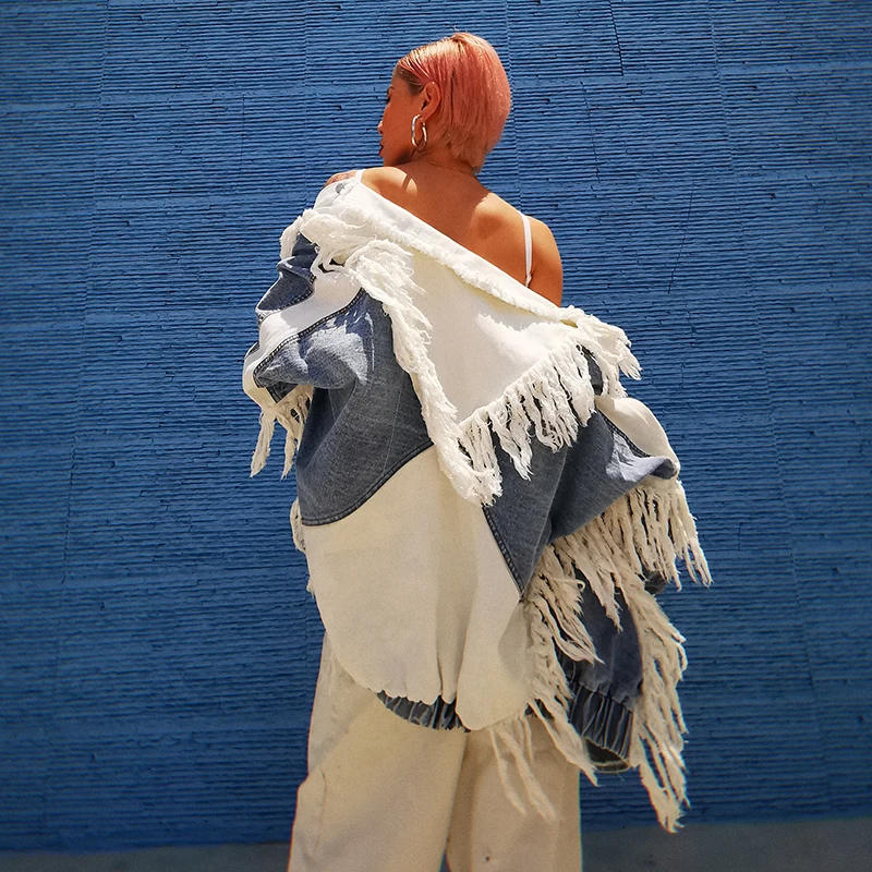 

L77street Patchwork Tassel Denim Jacket For Women Lapel Long Sleeve Hit Color Streetwear Coats Female 2020 Autumn New Style