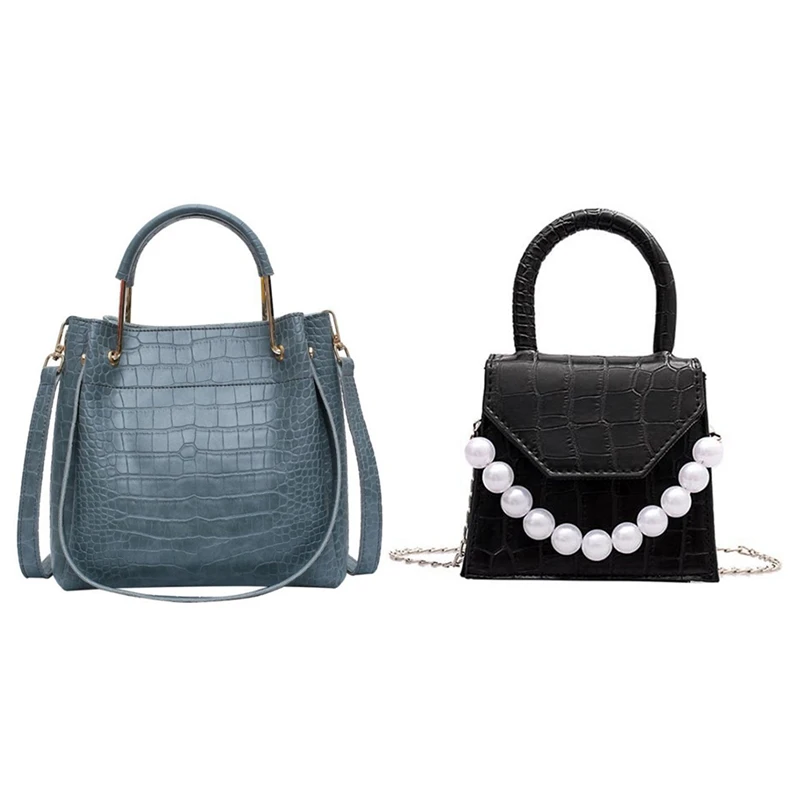 

ASDS-2 шт Сумки: 1 шт. каменный узор ведро сумки синего цвета и 1 шт. жемчуг ручка сверхминиатюрная конструкция сумки на плечо черный