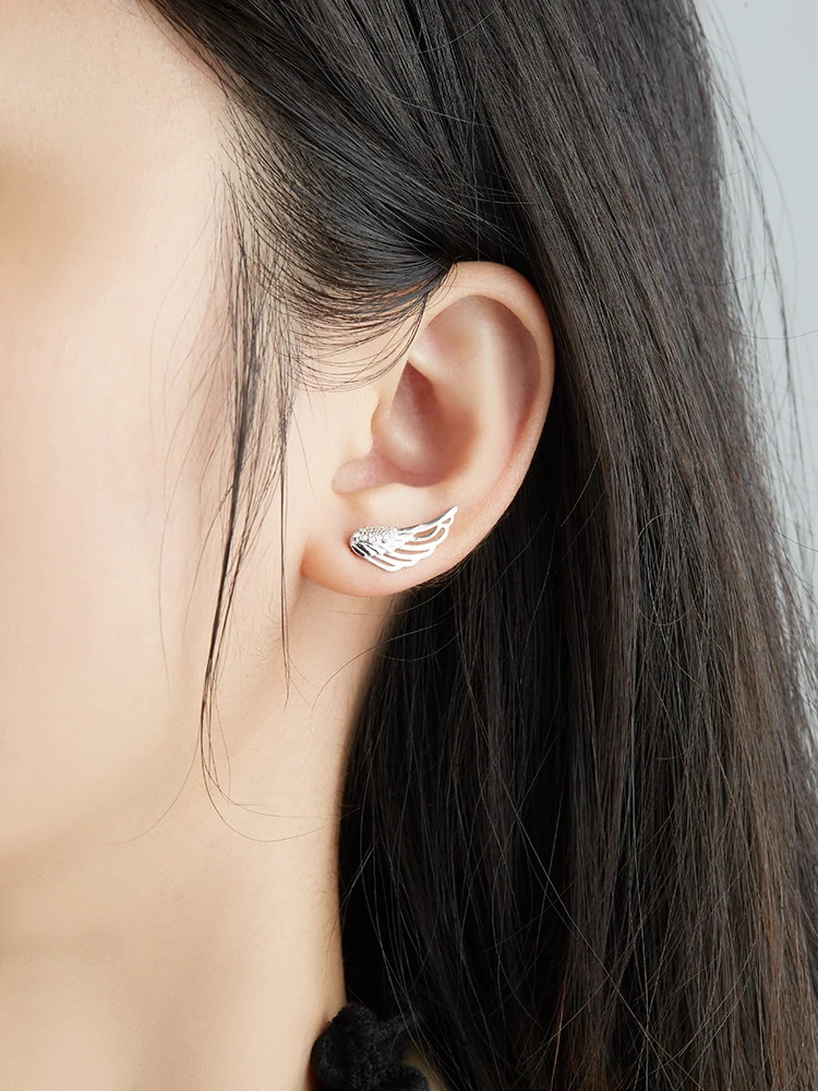 

SILVERHOO 100% 925 Sterling Silver Wings 5A Clear Cubic Zirconia Fine Stud Earrings For Women Charm Tiny Wedding Jewelry New