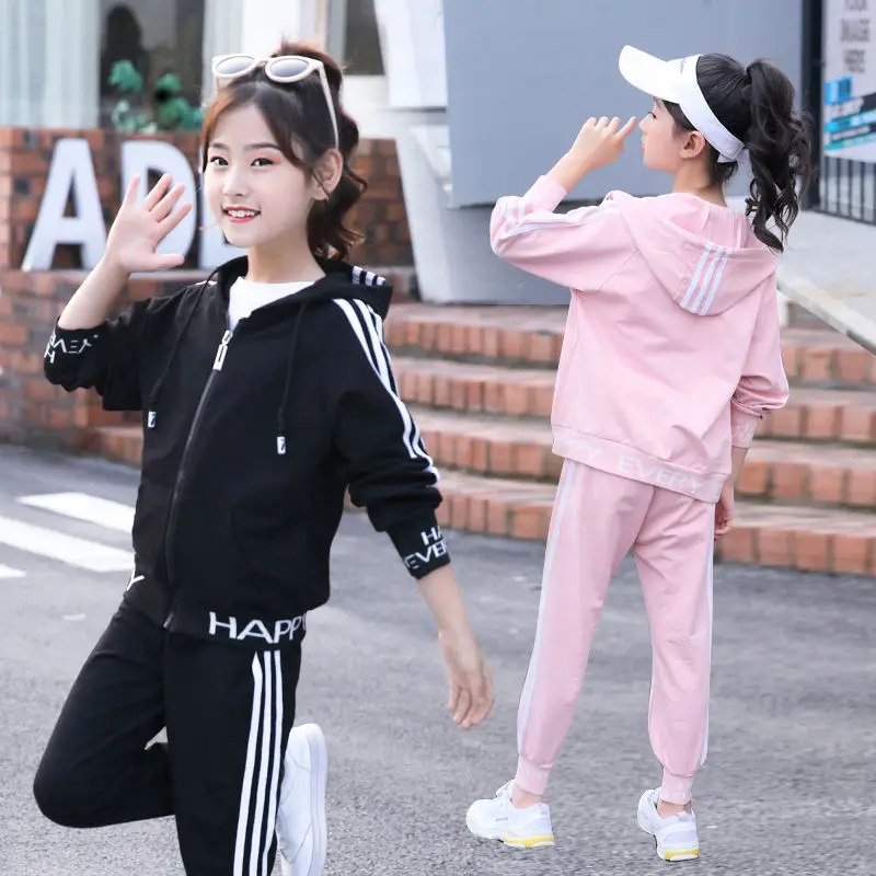Fashion Big Girls Sports Suits stripe pink and Black Clothing Set for Teenage Autumn Tracksuit Kids Plus Size Sportswear 8 10 12 |