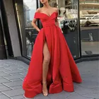 Женское атласное платье с открытыми плечами, длинное розовое или красное вечернее платье с разрезом сбоку и карманами, бальное платье для выпускного вечера, 2020