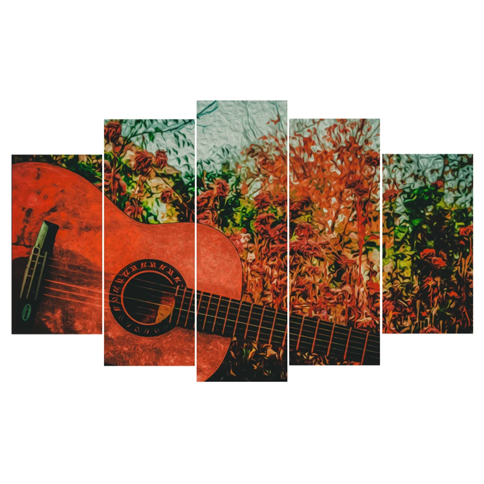Pretty Modern Canvas HD Wall Art Frame Modular Printed Pictures Living Room Decor 5 Pieces Abstract Guitar Music Poster Painting | Дом и сад
