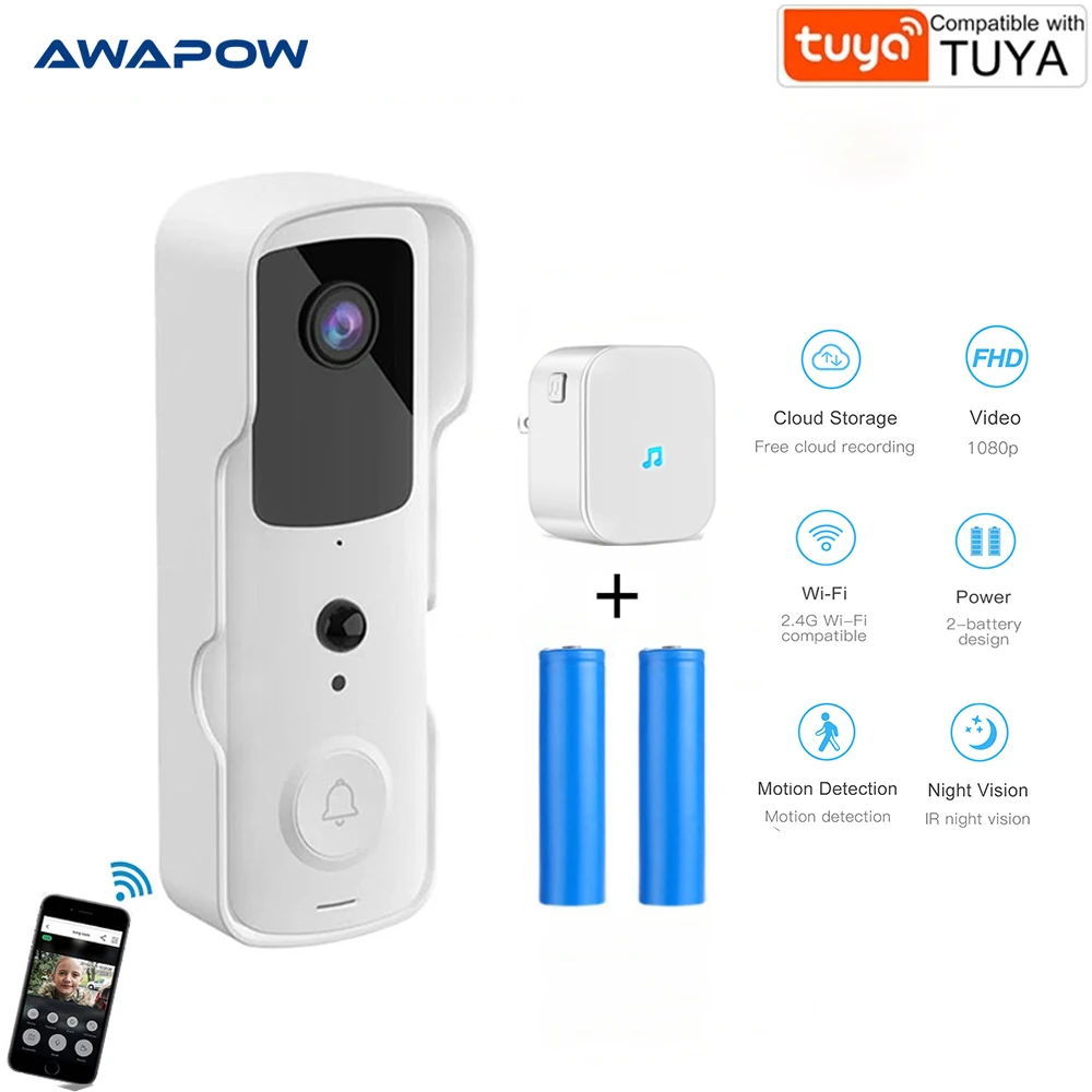 Awapow Tuya 1080P HD видео-дверной звонок Камера Wi-Fi Беспроводной дверной звонок умный дом дверной звонок Камера открытый видео домофон аудио - изображение