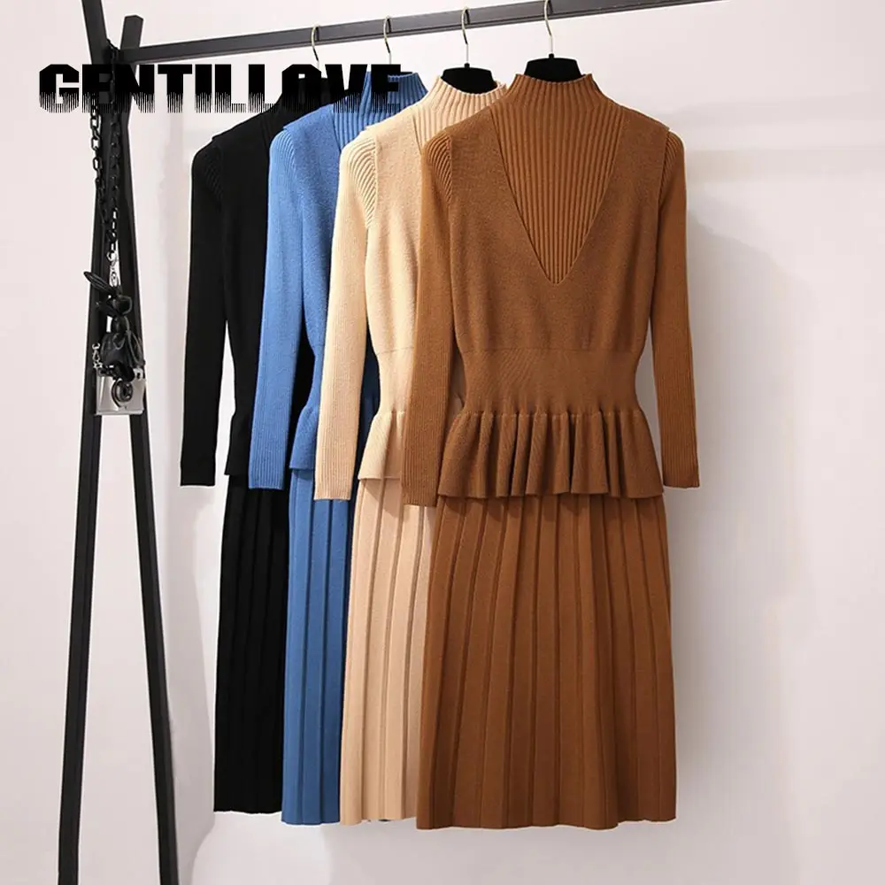 Осень зима женское вязаное платье свитер с высоким плотно облегающим шею