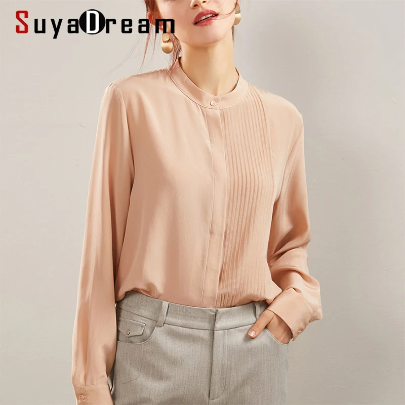 SuyaDream Women Solid Blouses 100%Silk Crepe Long Sleeved O neck OFFICE Blouse SHIRT 2020 Spring Top