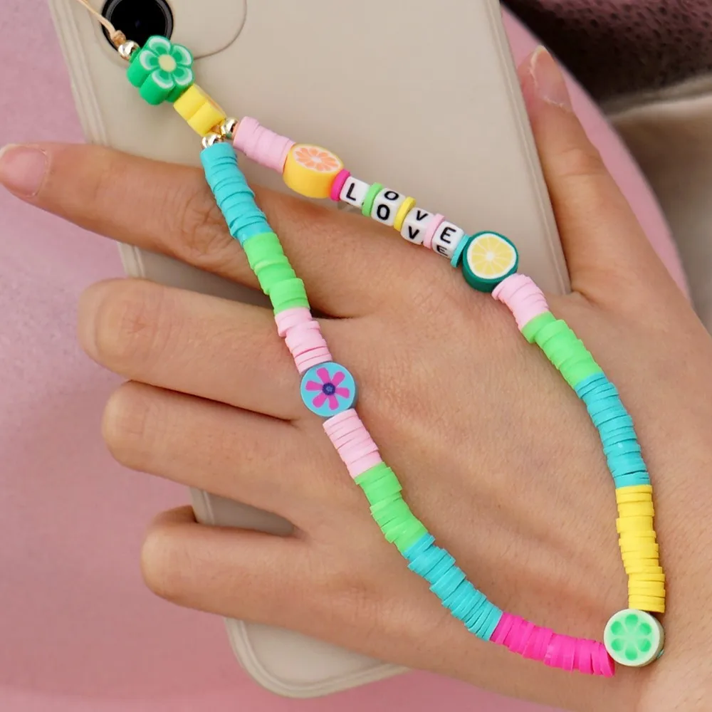 

Personality fashion ethnic style colored soft ceramic mobile phone lanyard LOVE letter beaded key chains