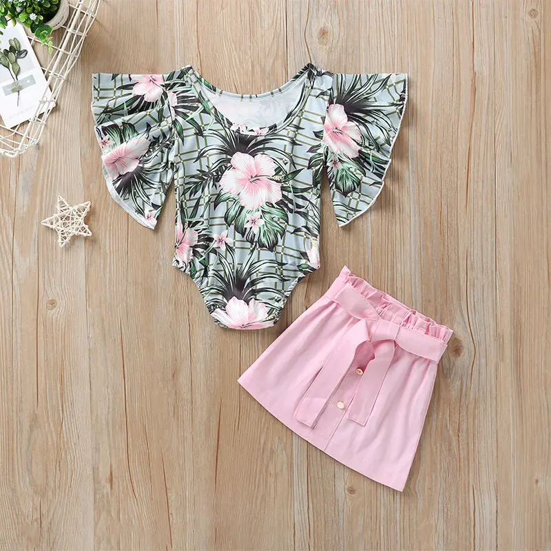 2020 Summer Baby Girl Cloth Set Flowers Ruffled Sleeve Romper Top+Pink Skirt 2pcs Suit Fashion Toddler Kid Outfit 1-4T | Мать и ребенок