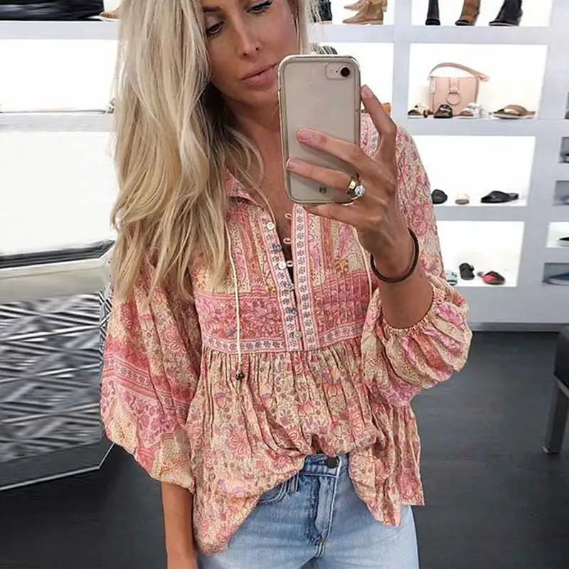 BOHO INSPRIED Boho блузка с цветочным принтом длинным рукавом o образным вырезом богемные