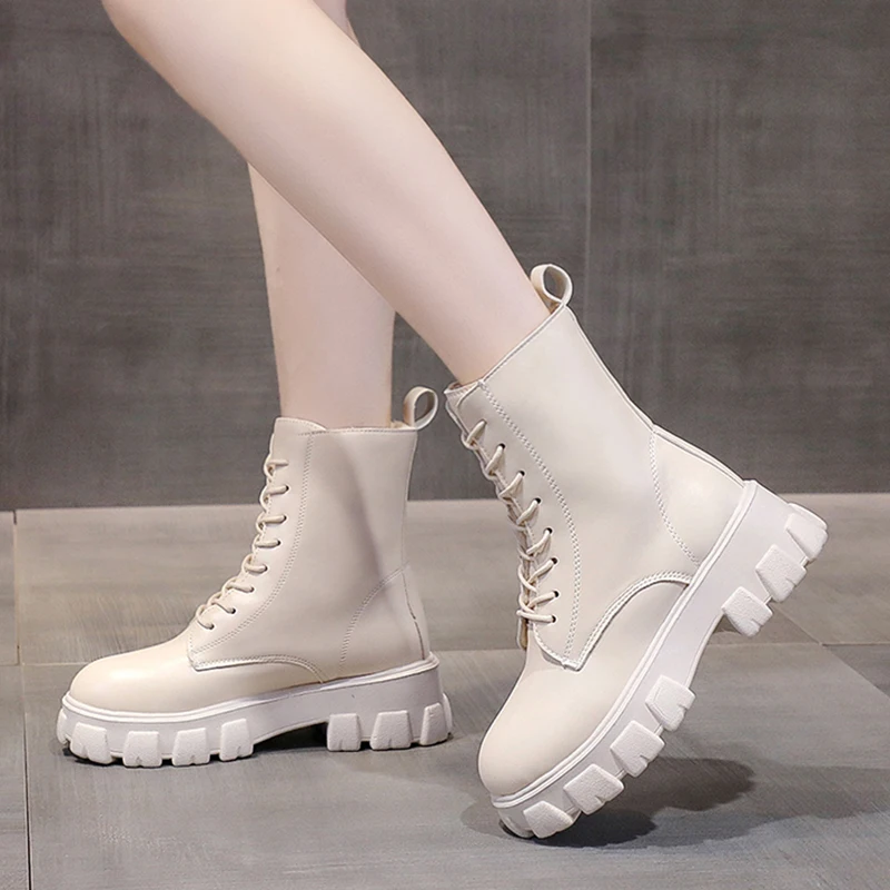 Chunky Platform Ankle Boots for Women 2022 Autumn Winter Warm Plush PU Leather Botas Mujer Thick Sole Lace Up Shoes Woman