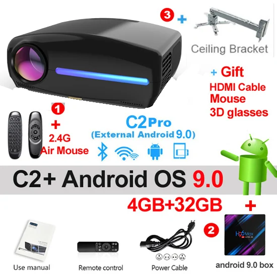 C2 32g bracket WZATCO C2 4K Full HD 1080P светодиодный проектор Android 9,0 Wifi умный домашний кинотеатр Видеопроектор с цифровой коррекцией трапецеидального камня - Цвет: C2 32g bracket
