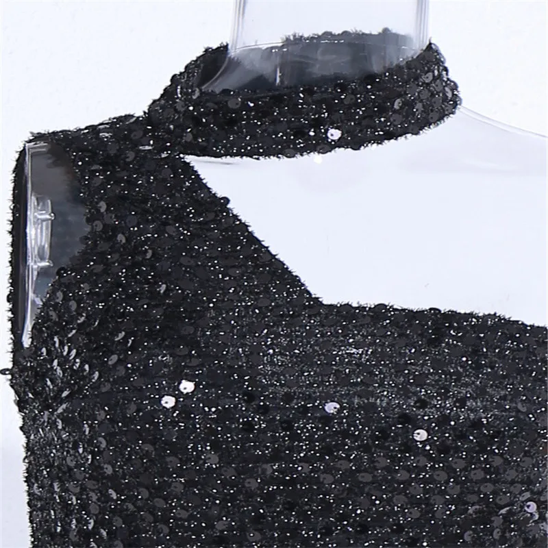 

IFox 2020 Winter Sequins Irregular Neck Slim Women Dress Fashion High Split One Shoulder Sleeveless Maxi Party Dress Real Photo
