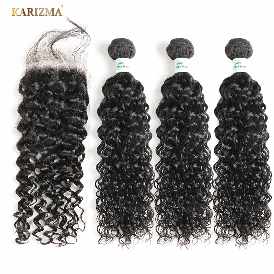 

Karizma Water Wave Bundles With Closure Brazilian Hair Weave Bundles With Closure Non-Remy Human Hair 3 Bundles With Closure