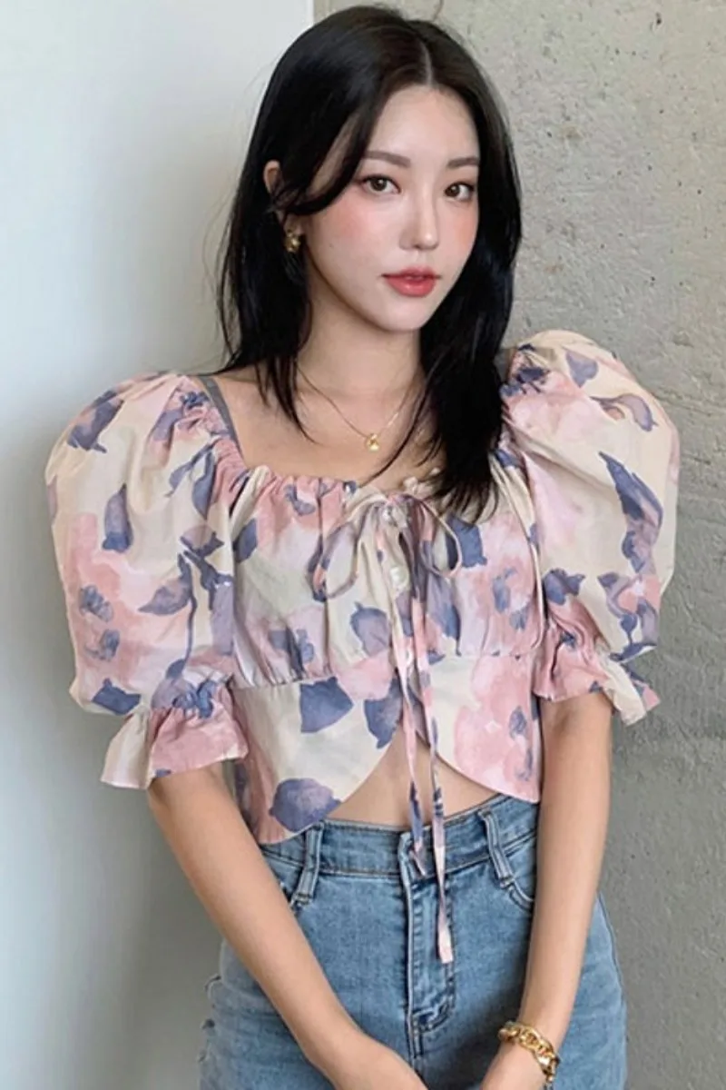 

Women Korean Style Fashion Blouse Chic French Style Elegant Summer Blusas Slimming All-match Short Top Puff Sleeve Flower Shirt